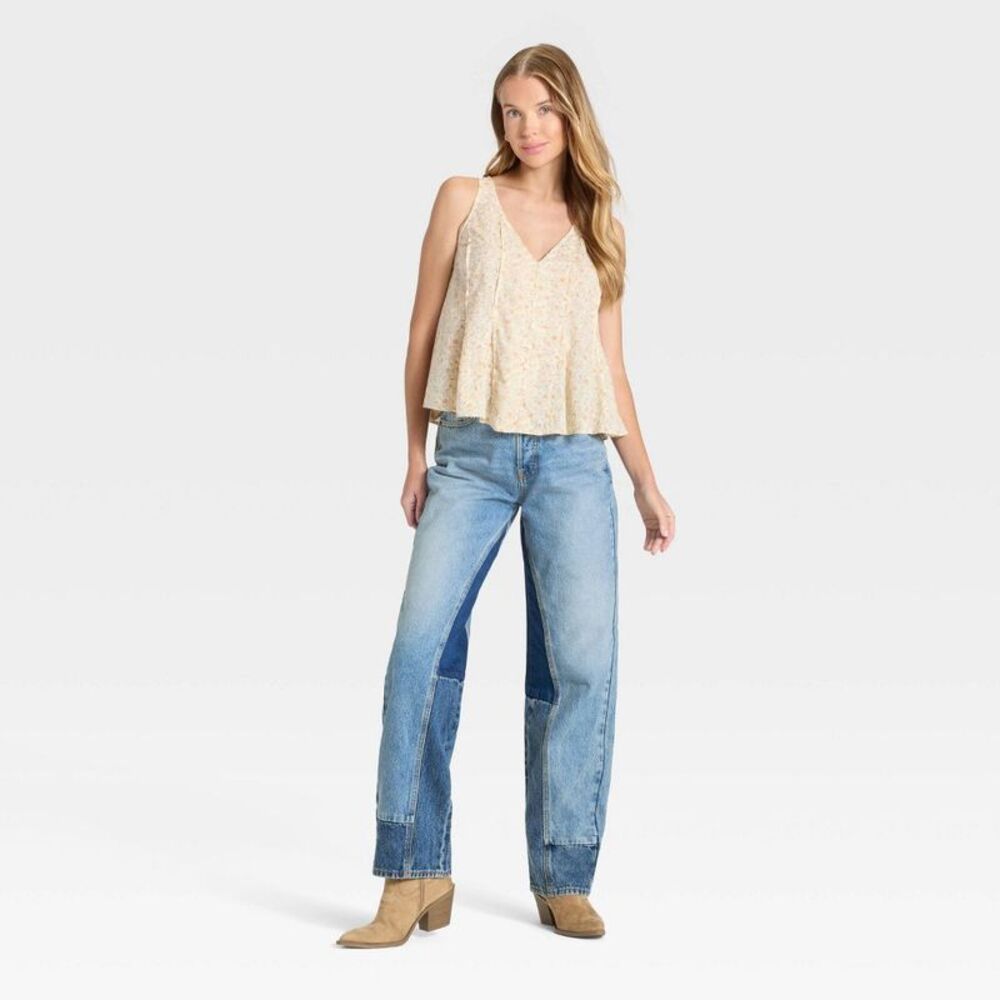 Women's Mid-Rise 90's Baggy Patchwork Jeans - Universal Thread Medium Wash 14 - Picture 3 of 3